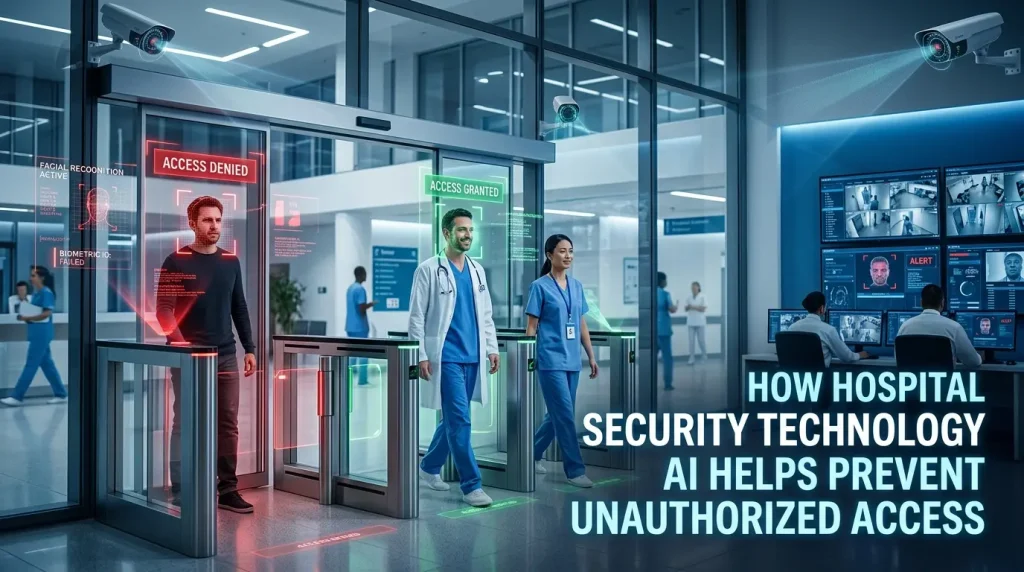 AI hospital security system preventing unauthorized access with facial recognition and smart surveillance