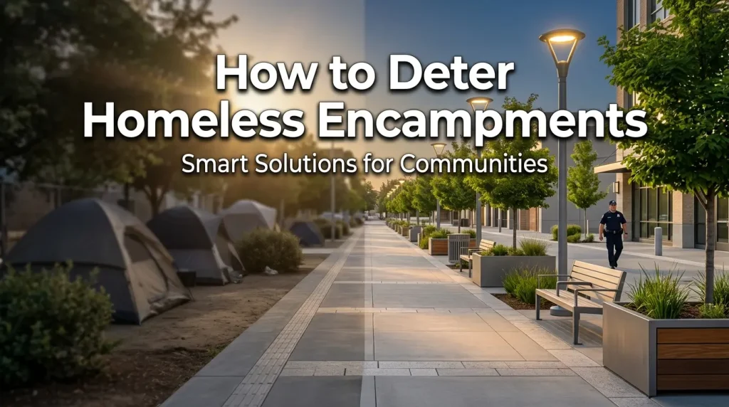 Community efforts to deter homeless encampments using safe housing solutions, urban planning, and public space management