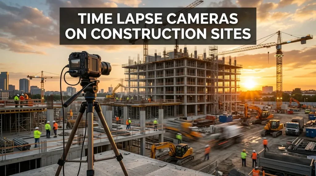 Time lapse cameras installed on construction site showing building progress and development stages