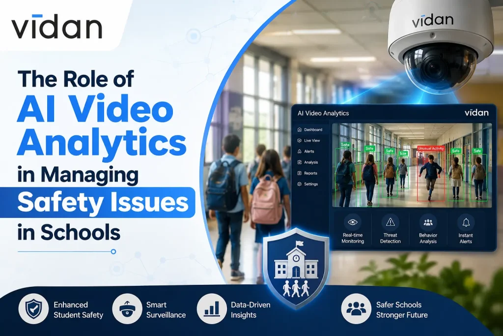 AI video analytics system monitoring school safety and detecting security threats in real time inside a modern school campus