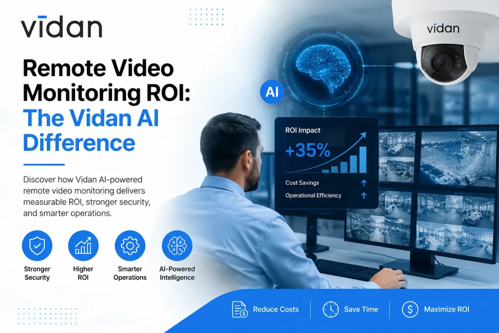 Remote video monitoring dashboard showing AI-powered security analytics and ROI improvement with Vidan AI transforming surveillance into a strategic business asset