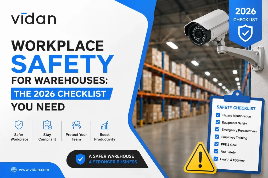 Warehouse health and safety checklist showing workers, safety equipment, and compliance guidelines for 2026 standards in a modern warehouse environment