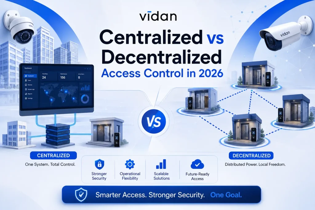 Illustration comparing centralized and decentralized access control systems with Zero Trust security architecture for enterprise physical security.