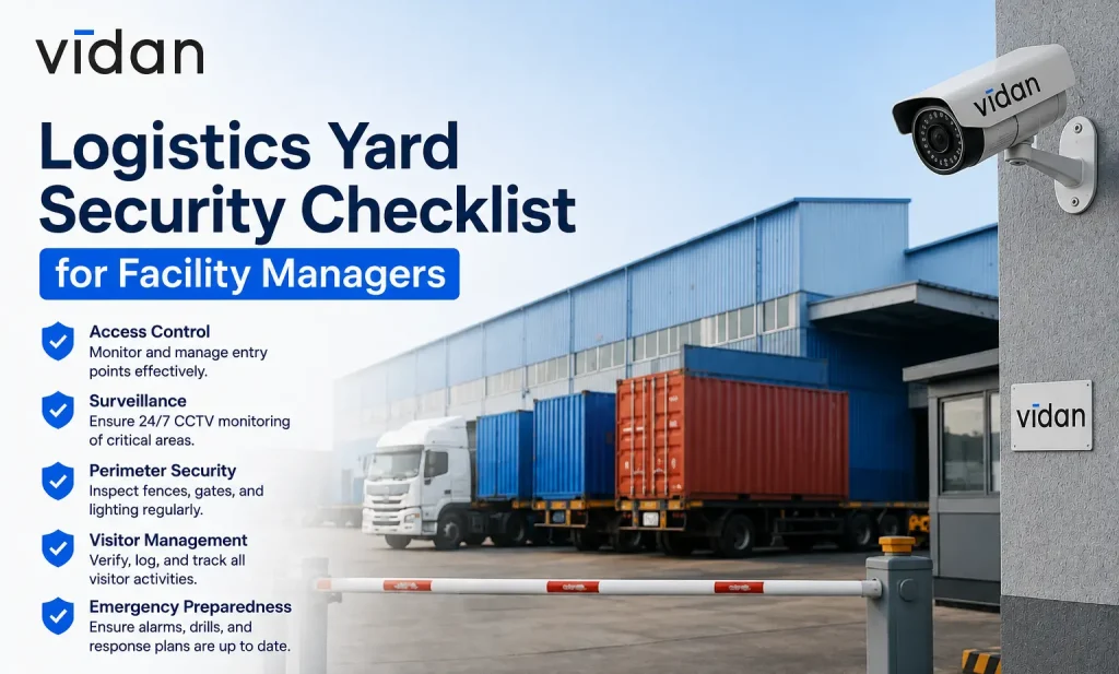 Logistics yard security checklist showing AI surveillance cameras monitoring trucks, trailers, and facility entrances