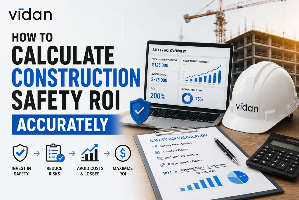 Construction Safety ROI Calculator dashboard measuring the value and return on construction safety investments with AI-powered safety analytics
