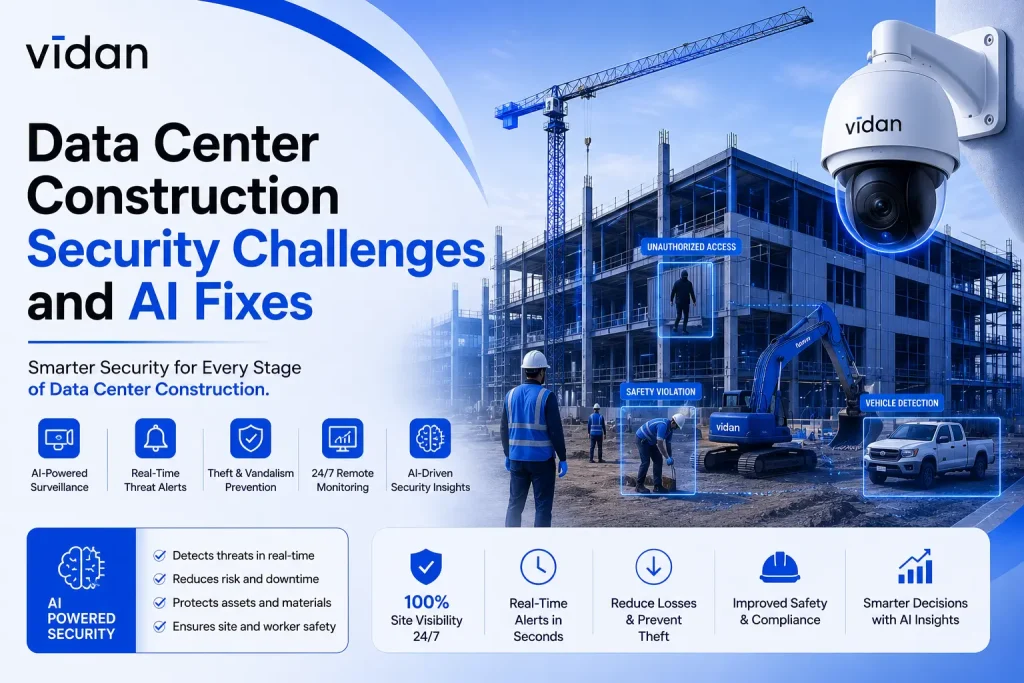AI-powered surveillance monitoring data center construction site to prevent theft, safety risks, and unauthorized access
