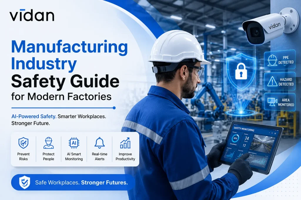 Manufacturing industry safety guide showing factory workers wearing PPE with AI-powered safety monitoring and hazard detection in a modern manufacturing facility.