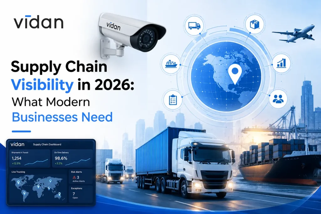 Modern supply chain visibility dashboard with AI-powered logistics tracking and real-time inventory monitoring in 2026