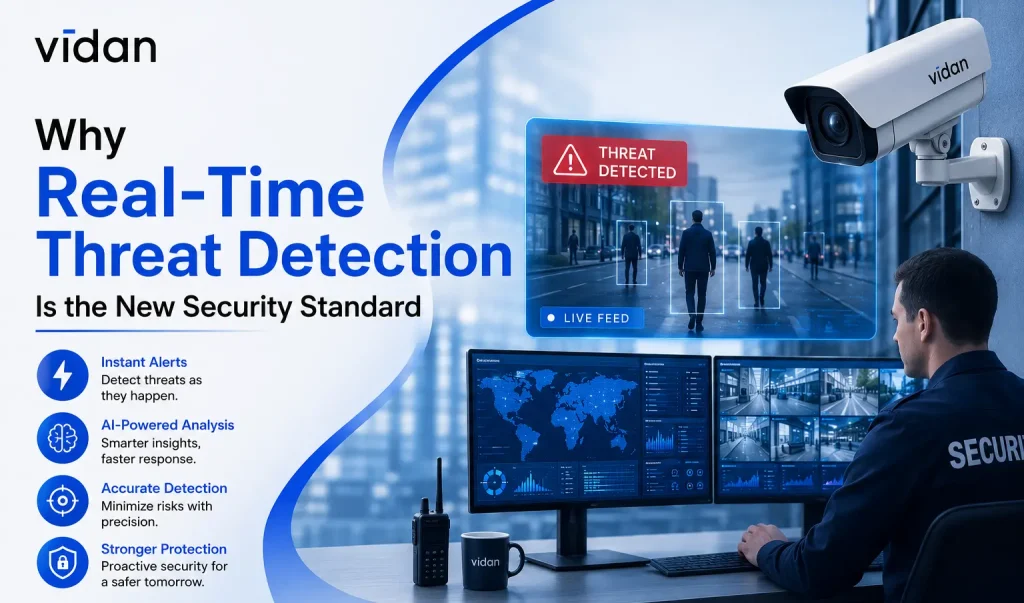 AI-powered real-time threat detection system monitoring physical security cameras to identify suspicious activity instantly